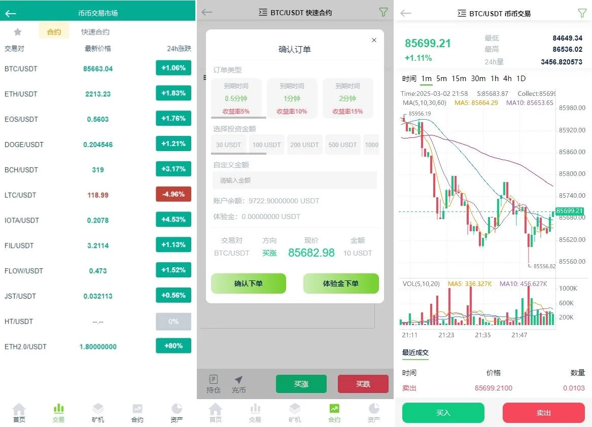 新UI多语言区块链合约交易所秒交易矿机币币交易完美K线源码下载