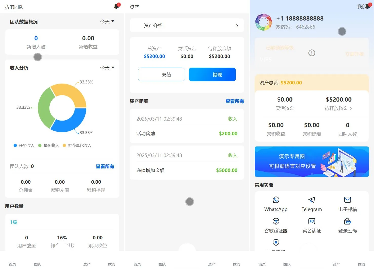 BDMarket多语言量化钱包投资理财源码/19种语言+3级分销+虚拟币实时数据+谷歌验证器+完整代理/前端uniapp纯源码+后端php