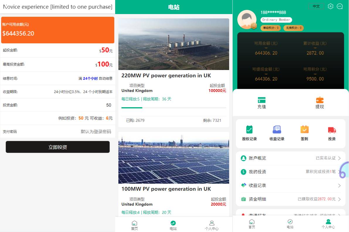 海外多语言光伏电站投资理财系统/多语言绿色项目投资源码